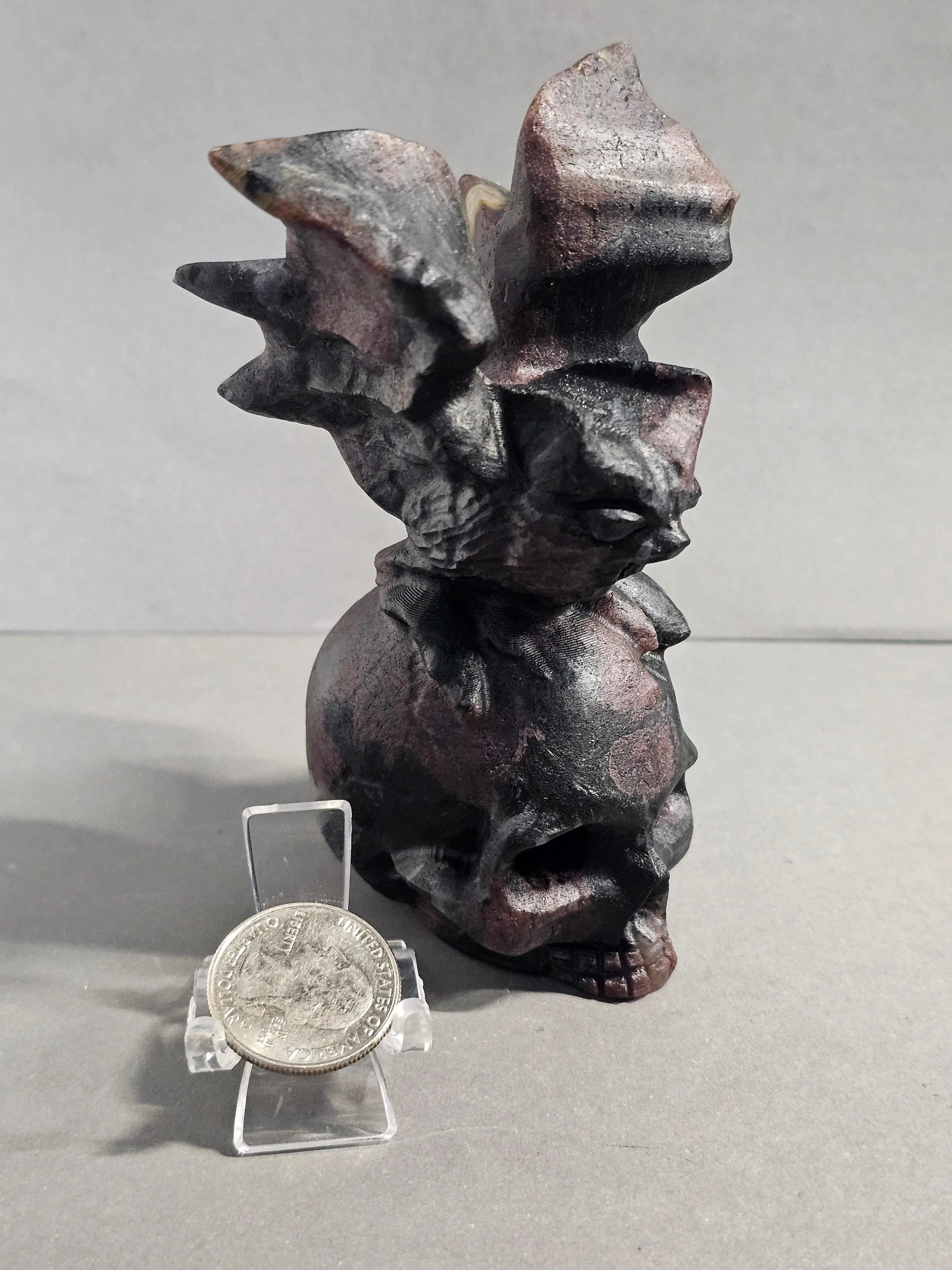 Garnet Astrophyllite Skull with Bat Carving – 4.5 Inch Gothic Crystal Skull