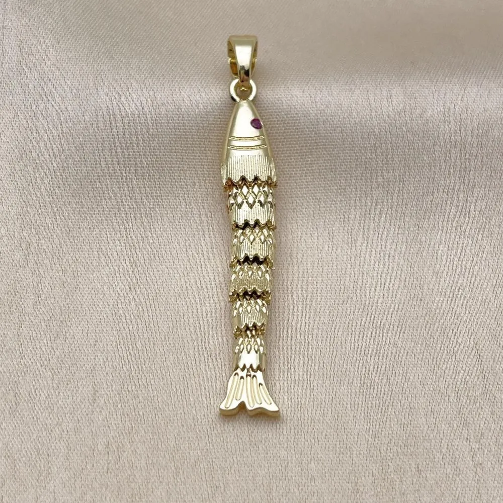 Oro Laminado Fancy Pendant, Gold Filled Style Fish Design, with Ruby Cubic Zirconia, Polished, Golden Finish