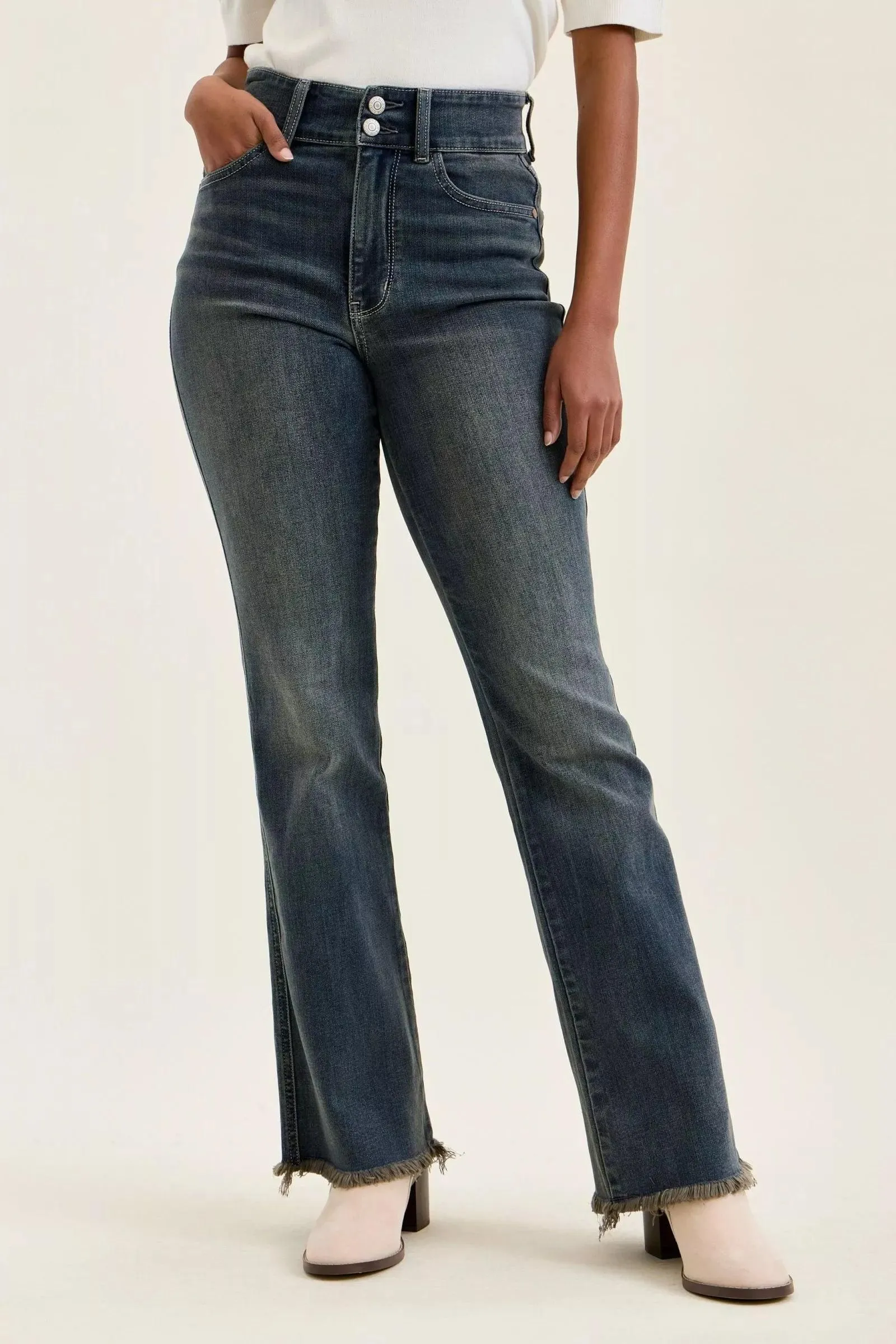 729 Judy Blue High Waist Double Button Frayed Hem Jeans