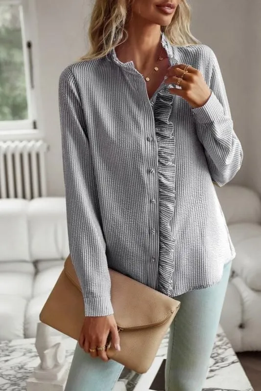 Women's Ruffle Front Button Down Blouse - Black