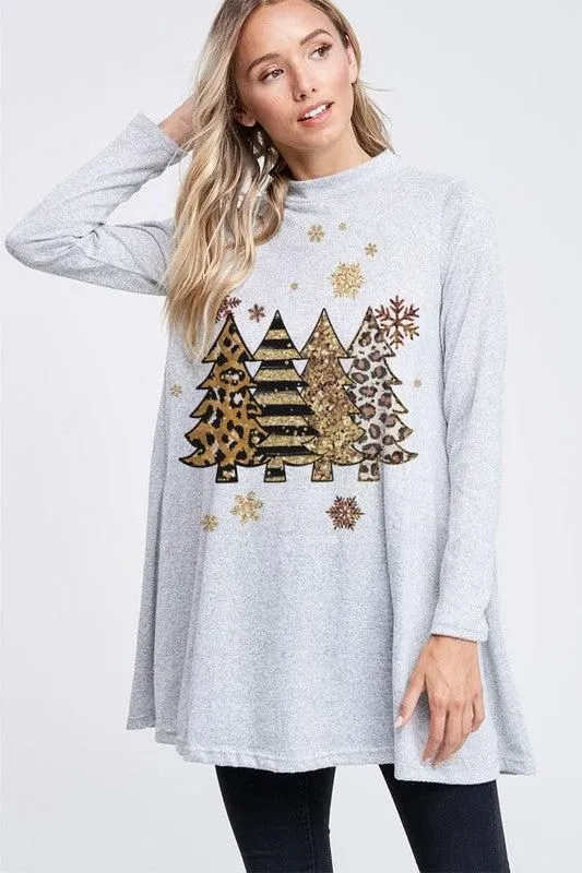 Leopard Graphic Trees Mock Neck Tunic Dress - Grey