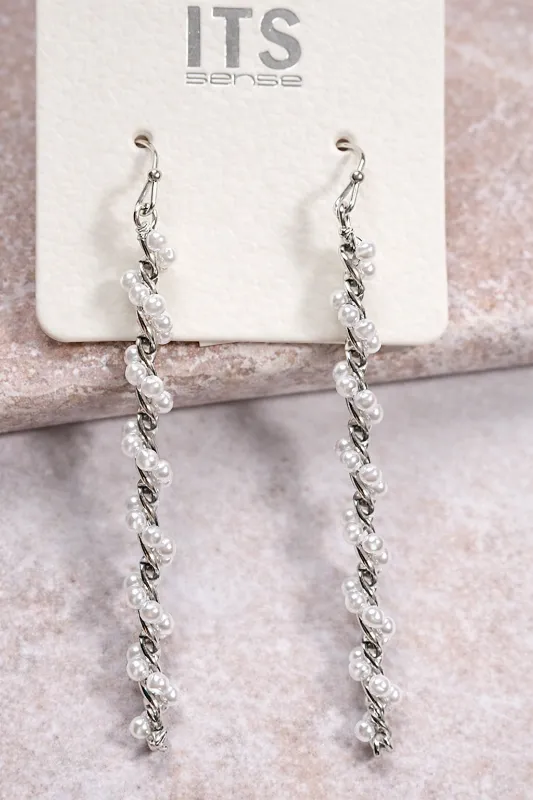 Swizzle Stick Silver Pearl Earrings