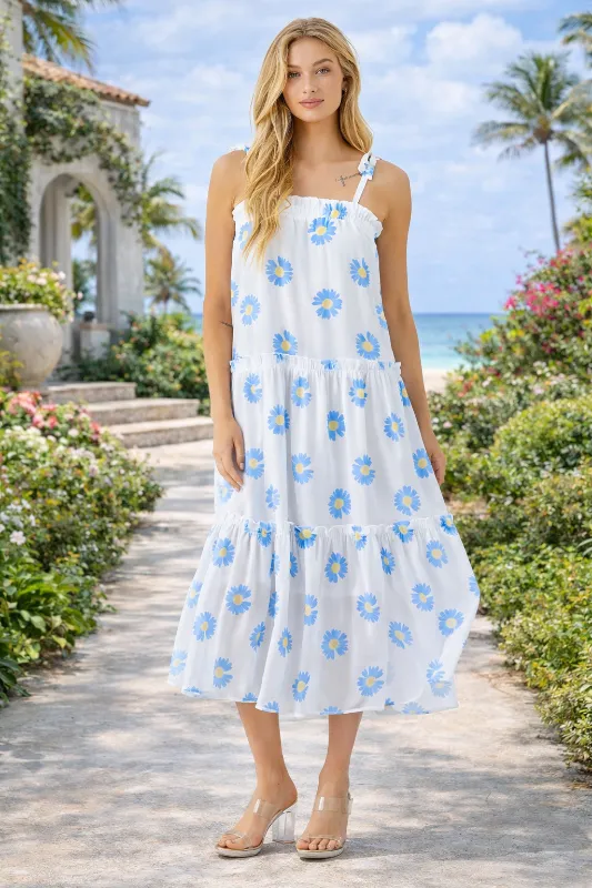Baevely Blue Flower Midi Dress with Tie Straps