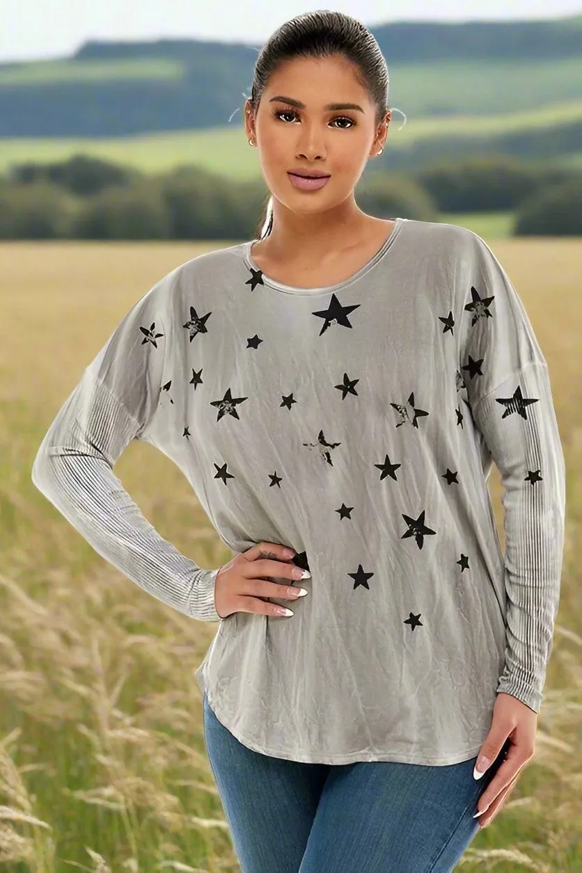 T-Party Stars Long Sleeve Top Ribbed Sleeves - Grey