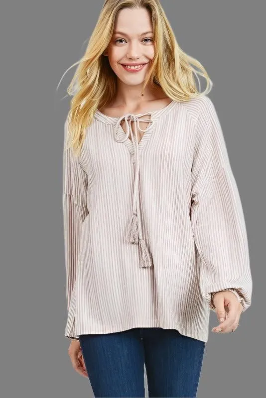 Bubble Sleeve Tassel Ties Stripes Top - Sand Mauve