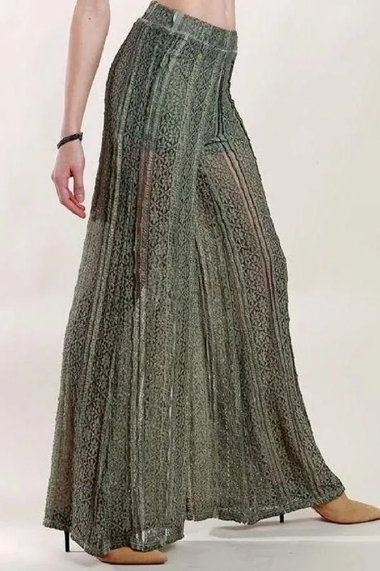 POL Flower Lace Palazzo Pants Shorts Lined - Olive