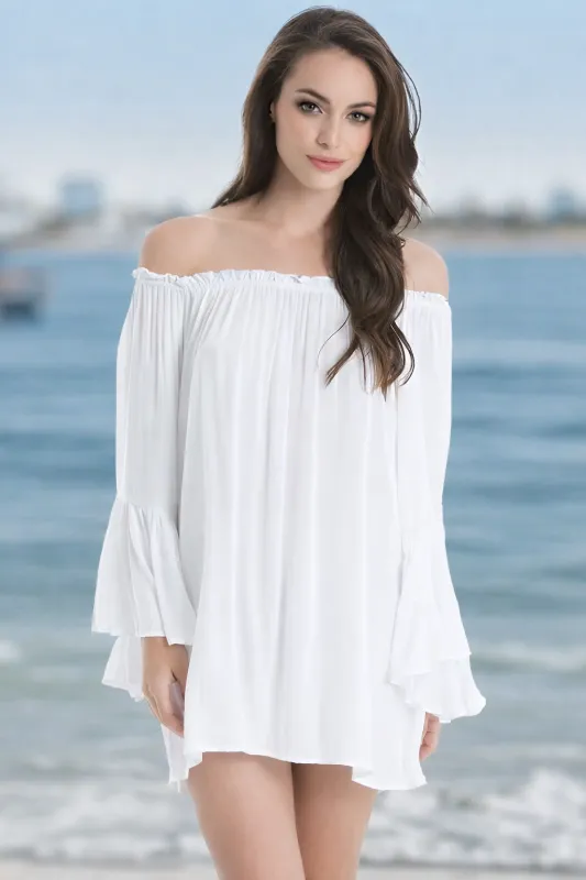 Elan Off Shoulder Bell Ruffle Sleeve Tunic Top - White