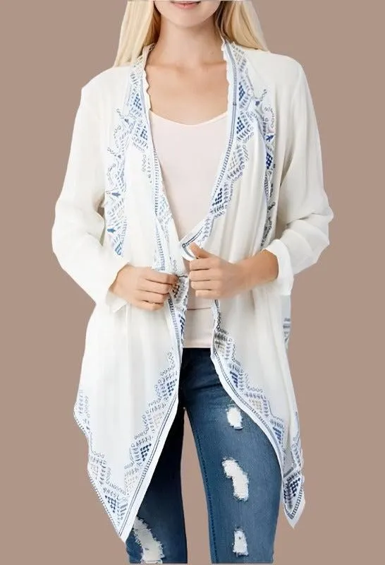 Entro Embroidered Front Drape Cardigan - Cream