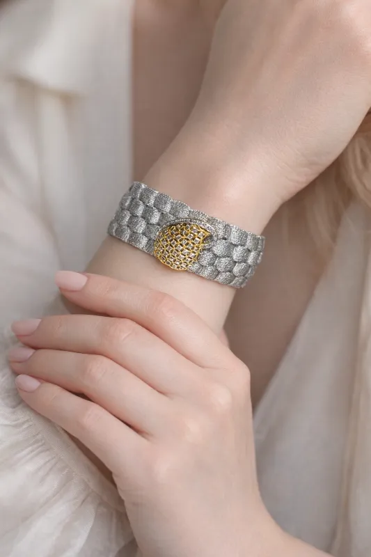 Wide Sterling Silver Mesh Bracelet with Cubic Zirconia Paisley – Artisan Jewelry