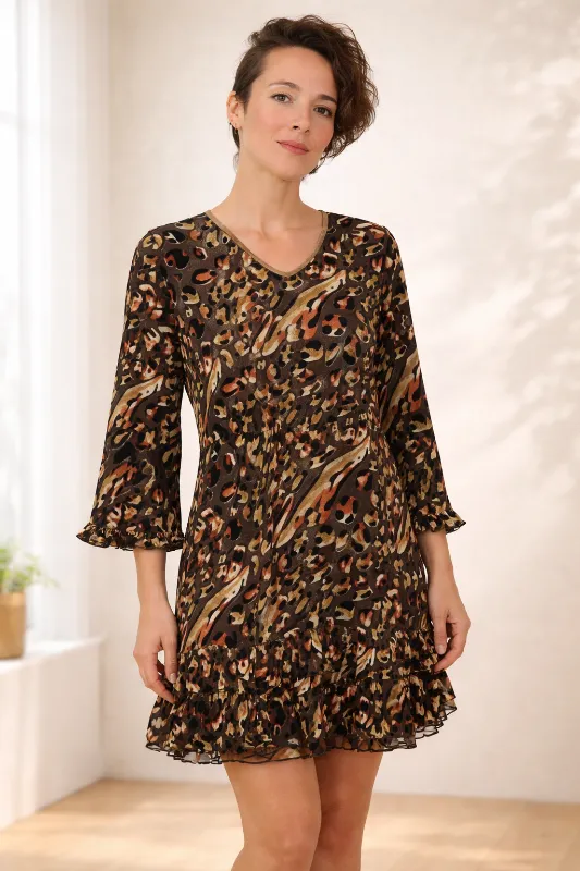Autumn Splash Animal Print Ruffle Hem Dress by Lady Noiz