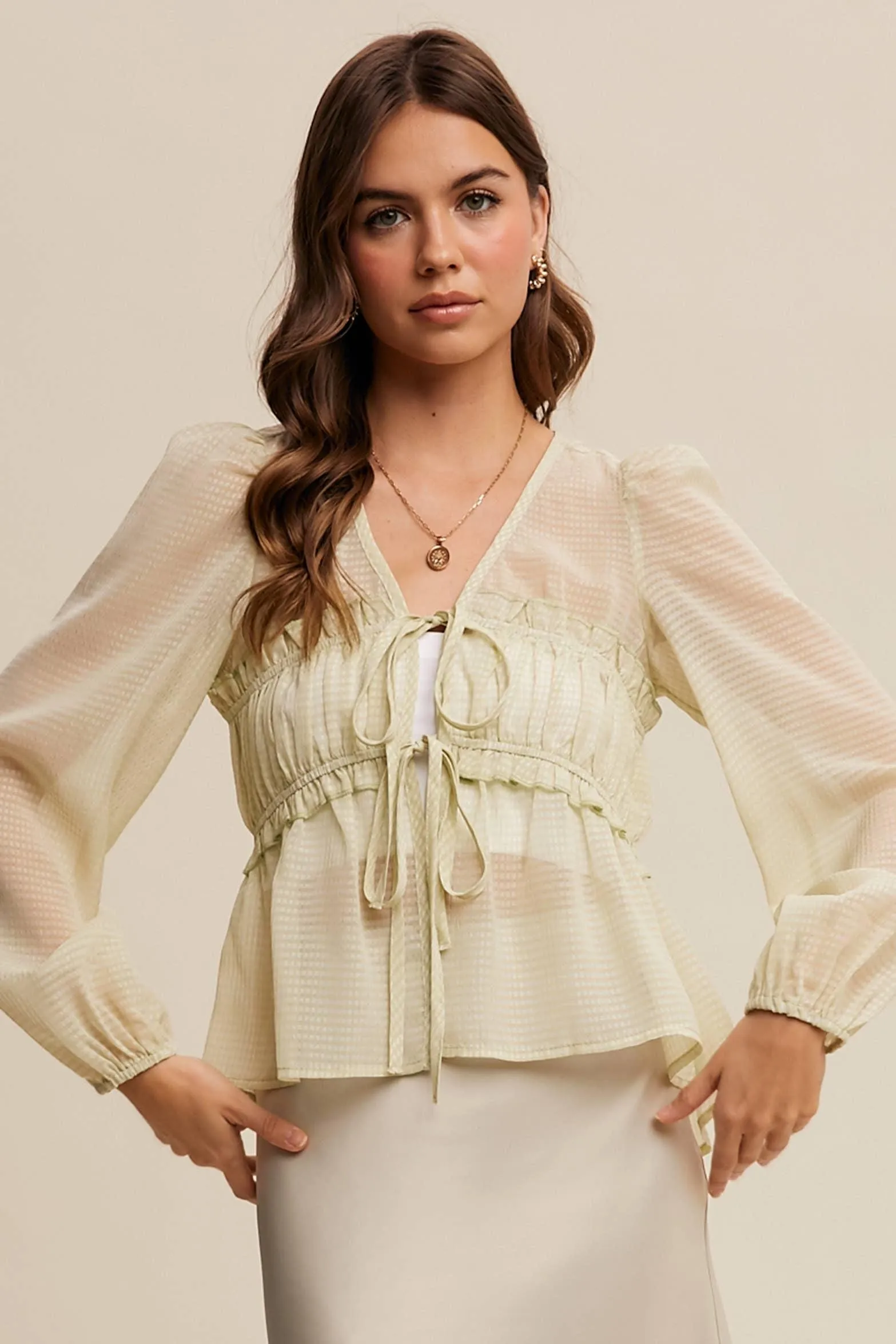 3146 Sheer Puff Sleeve Tie-Front Blouse