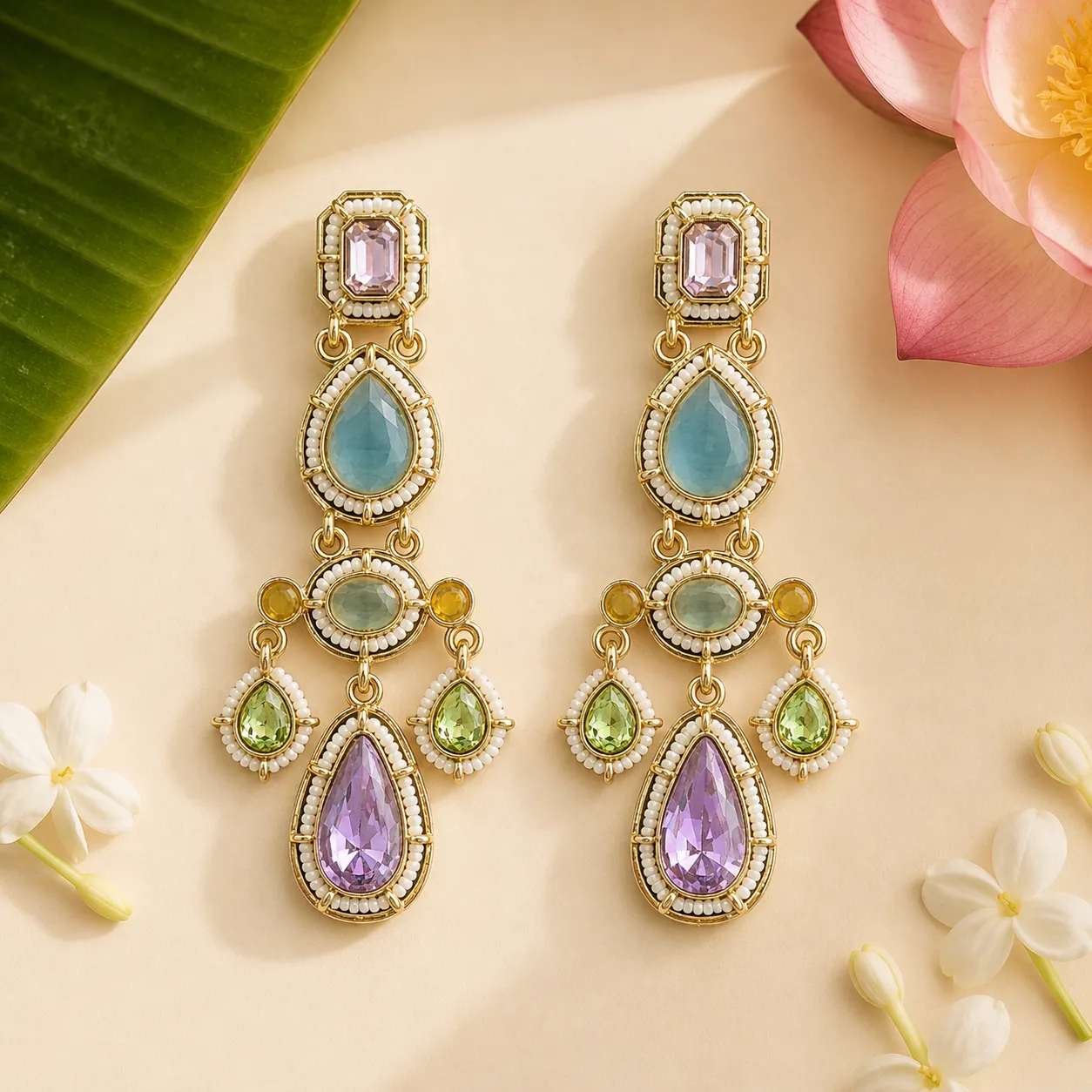 Kaia Mulicolor Beaded Boho Statement Earrings | Colorful Bohemian Drop Earrings Jaipur Rose Indian Jewelry