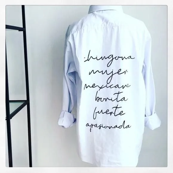 Product image for Button Down Shirt White Long Sleeve Chingona Mujer Mexicana Hand Painted Small