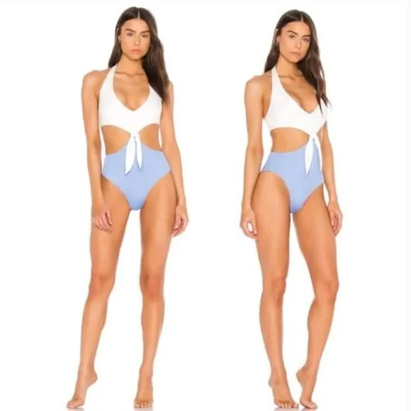 Product image for ONIA One Piece SWIMSUIT Lucy Della BLUE White FRONT Tie HALTER Cut OUT Sz XS New