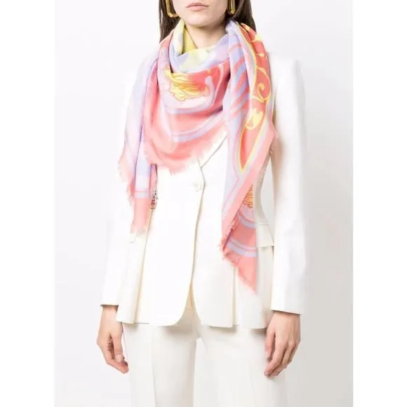 Product image for Versace Women Medusa Music Print Frayed Scarf Shawl Love Pink Silk 53" x 53" New