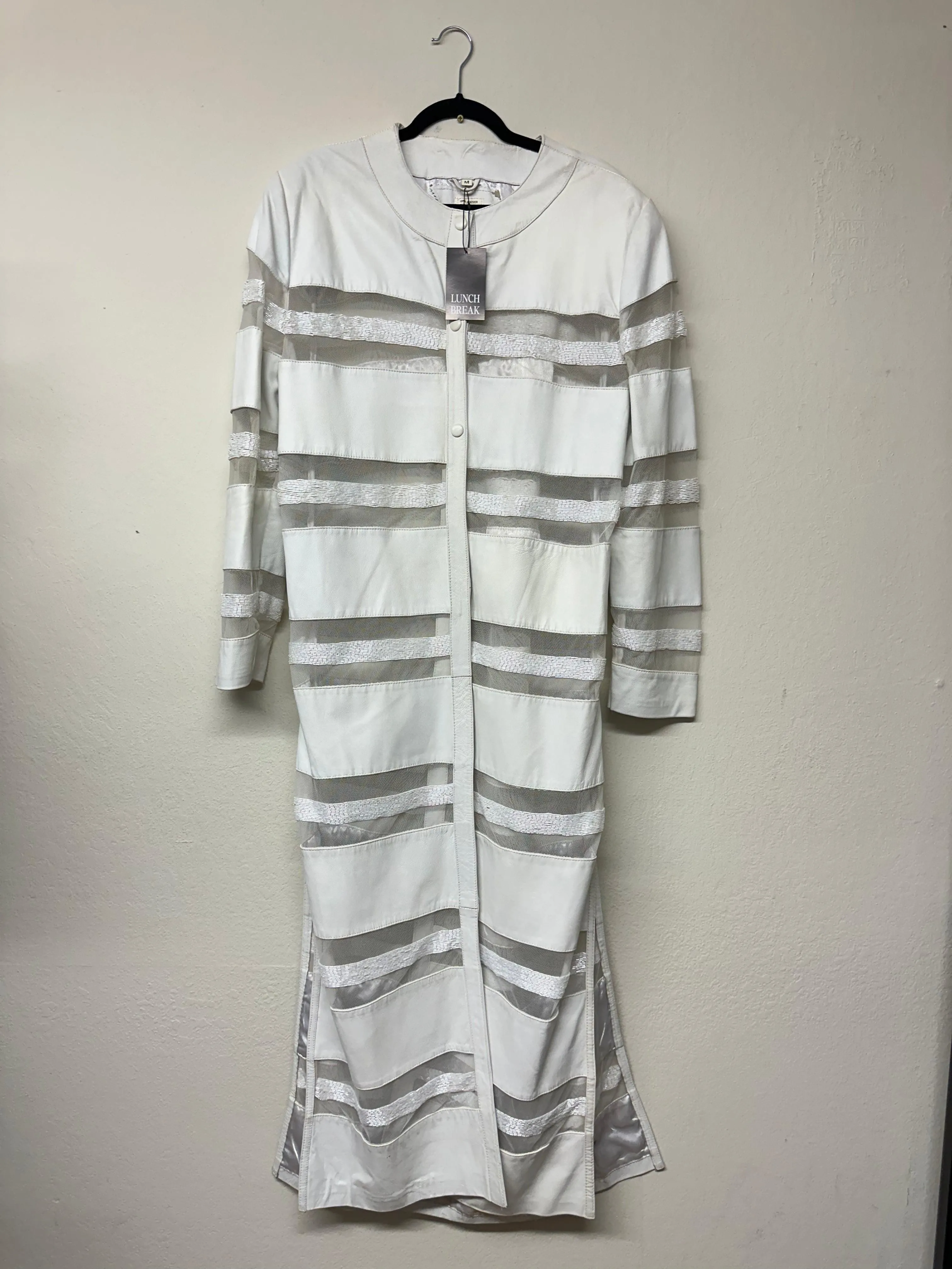 White Leather, Mesh & Beaded Genuine Leather Long Jacket