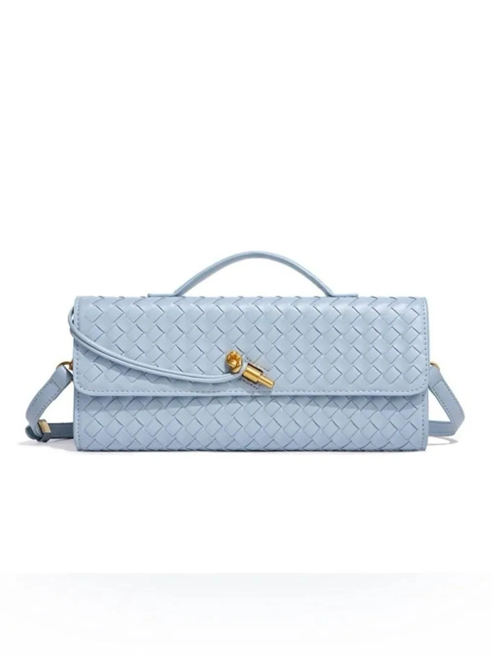 Blue Woven Leather Shoulder Handbag with Detachable Chain