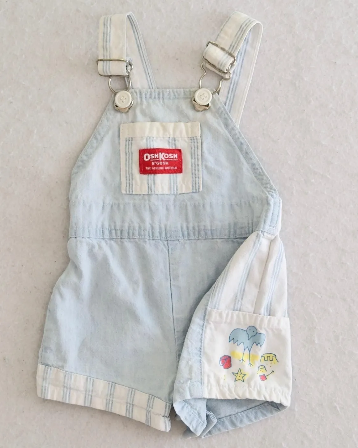 Vintage OshKosh B'Gosh Light Wash Baby Shortalls with Beach Graphic Pocket: 6-12m?