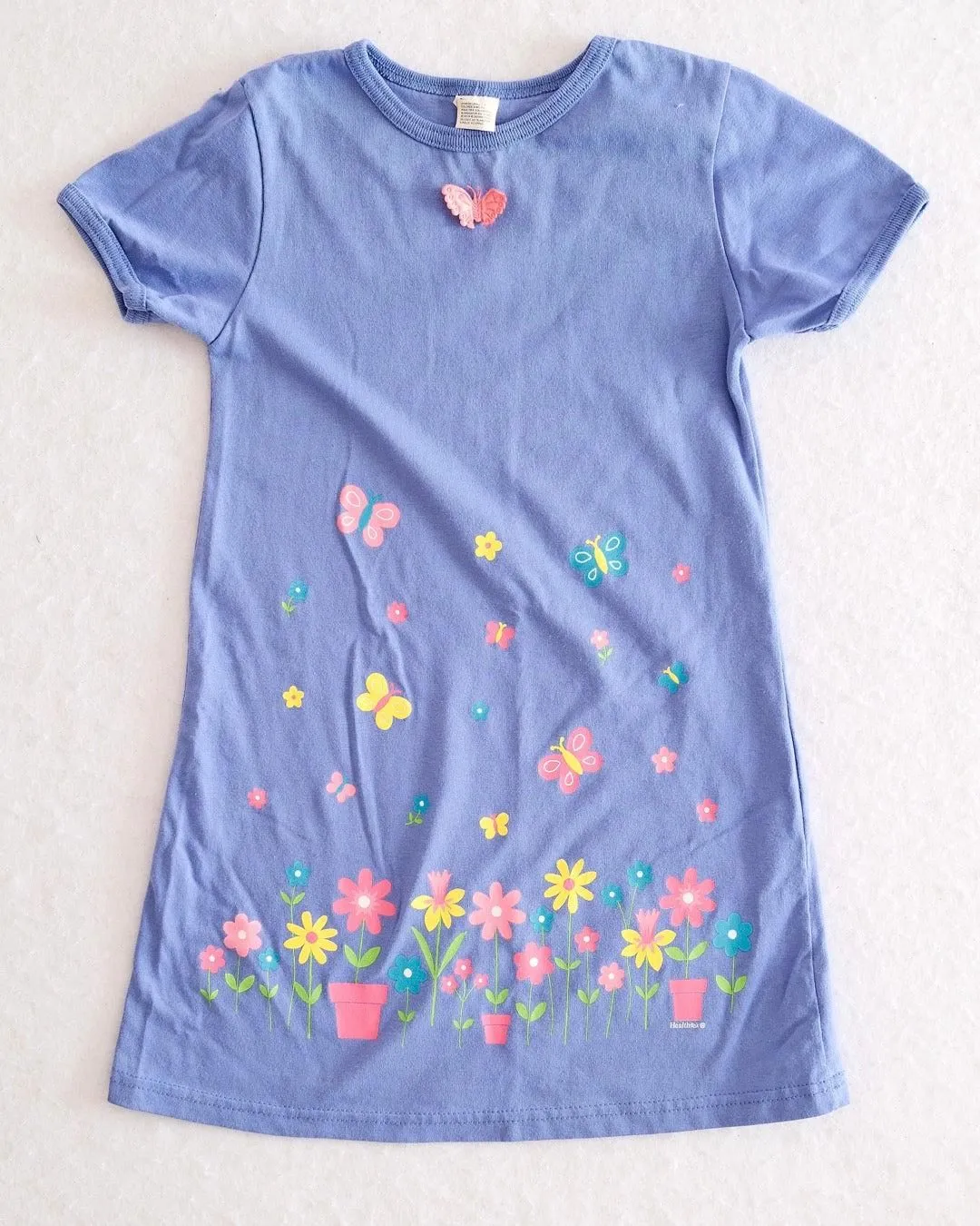 Vintage Kids Healthtex Periwinkle Flowers and Butterflies T-Shirt Dress: 6y
