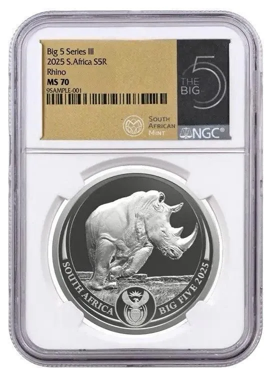 2025 South Africa 1 oz Silver Big 5 III Rhino BU NGC MS70