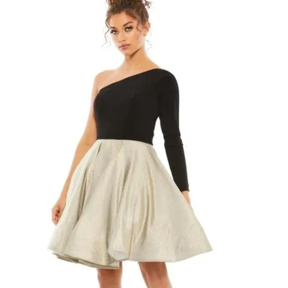 Product image for Mac Duggal One Sleeve Black/Gold Fit Flare Dress Sz 10
