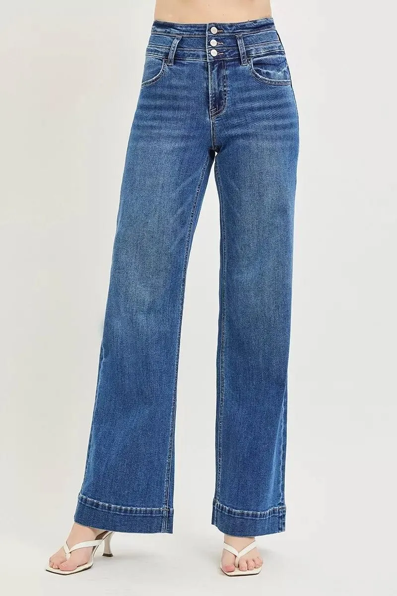 773 RISEN High Rise Wide Leg Wide Band Detail Jeans