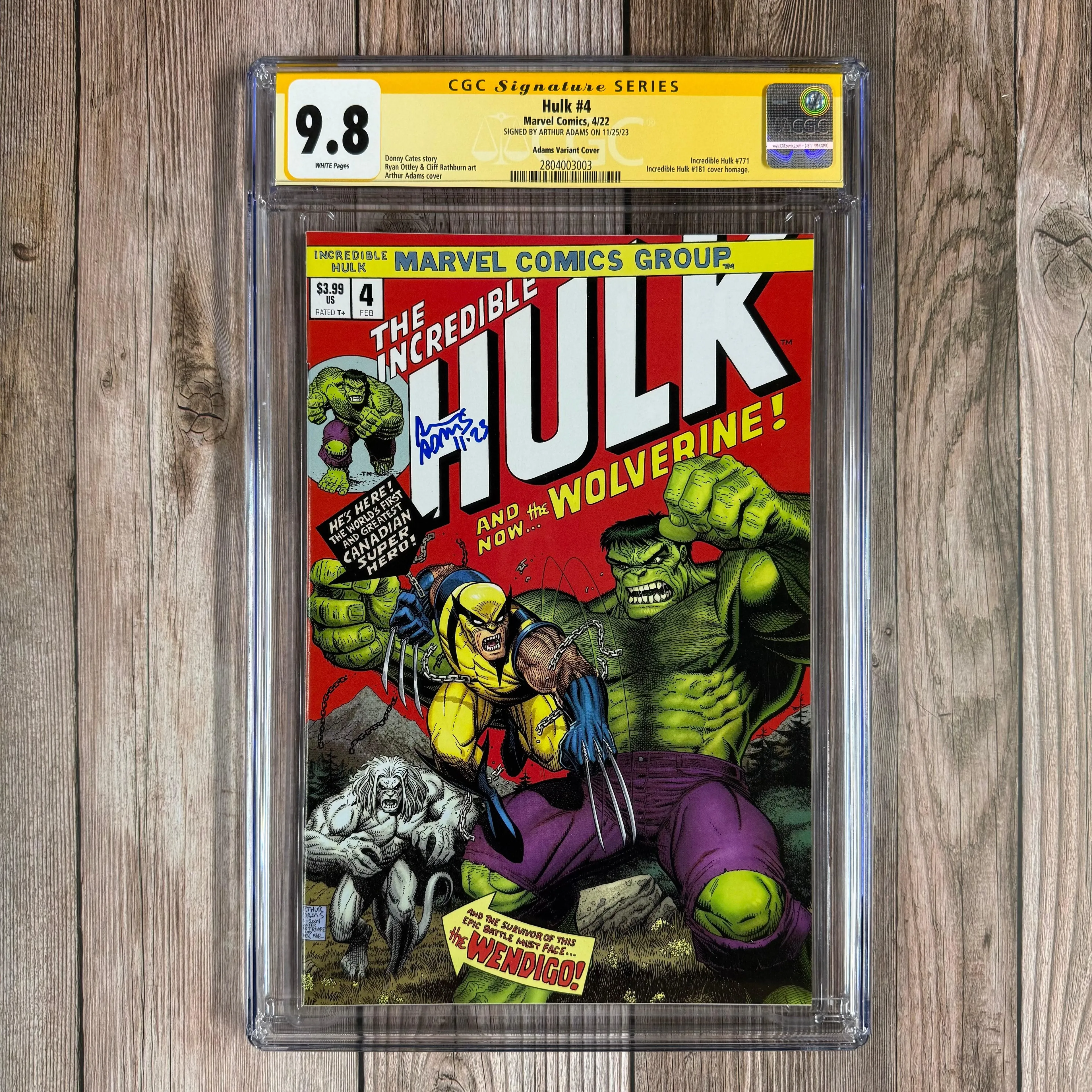 Hulk #4 CGC 9.8 WP SS Signed by Arthur Adams, Adams Variant Cover homage to the Incredible Hulk #181(Cert 3003)