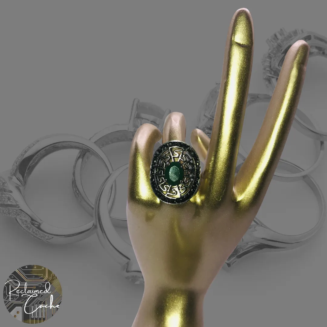 Silver and Green Boho Ring with Stone - Size 5.5