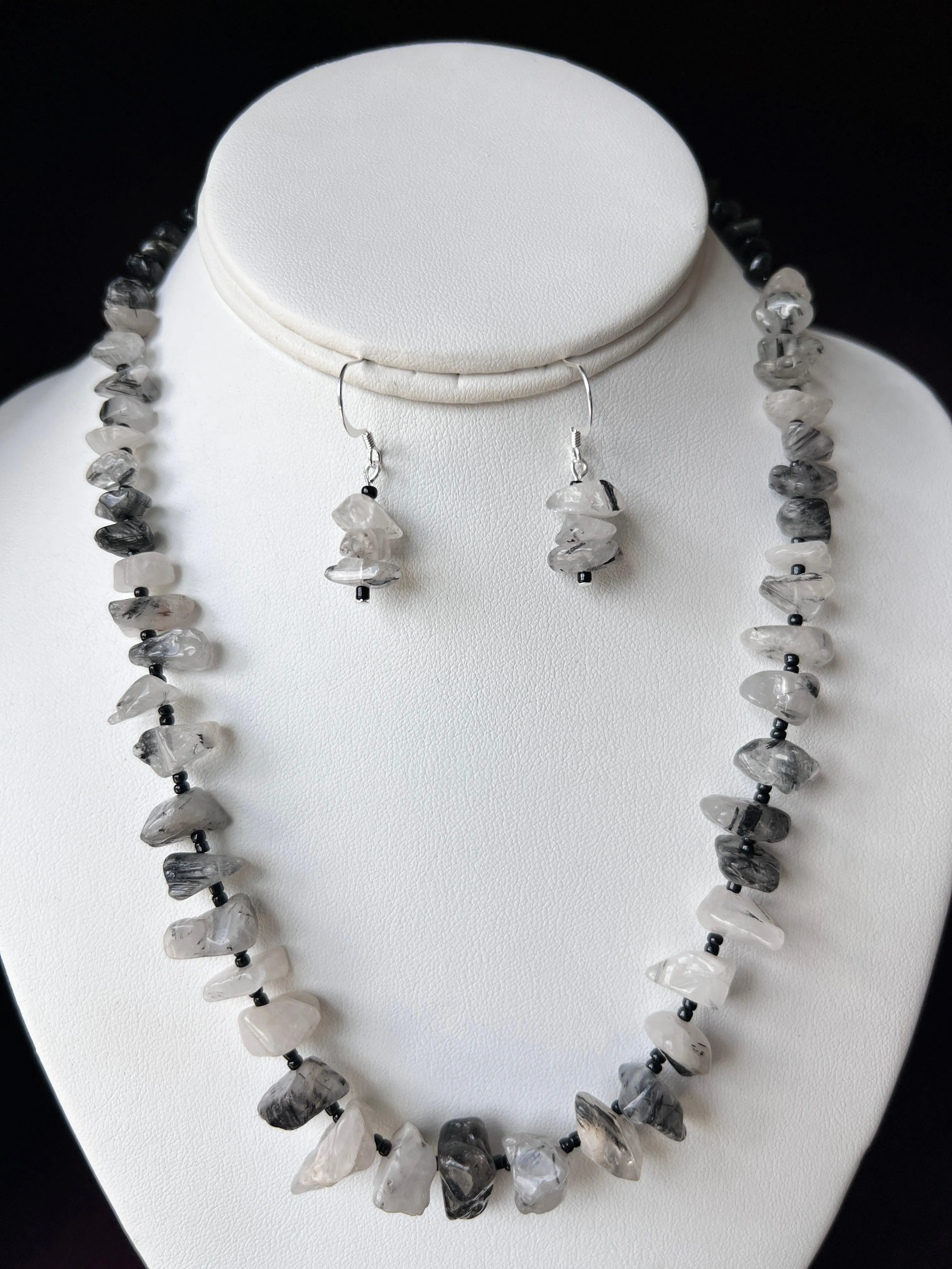 Black Tourmalinated Quartz Necklace and Earrings Set