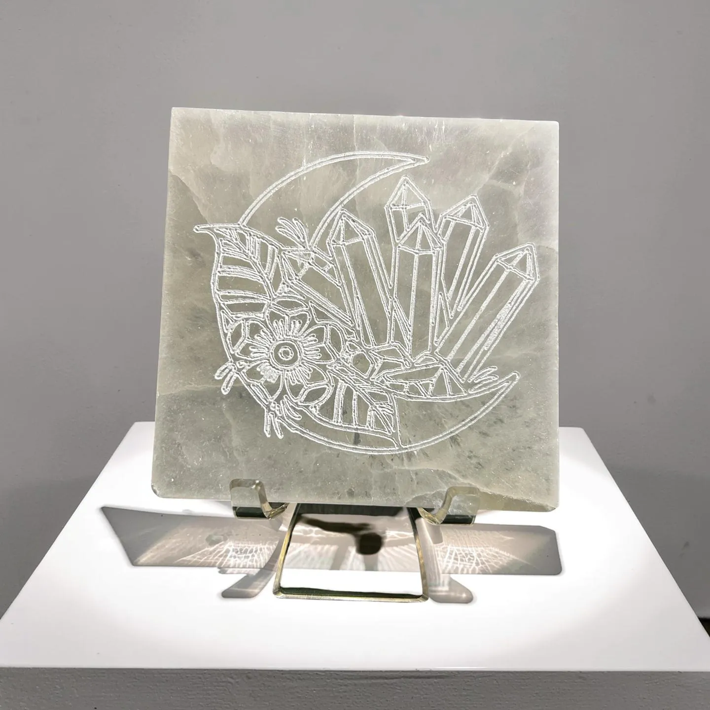 Square Selenite Plate- Moon & Crystals