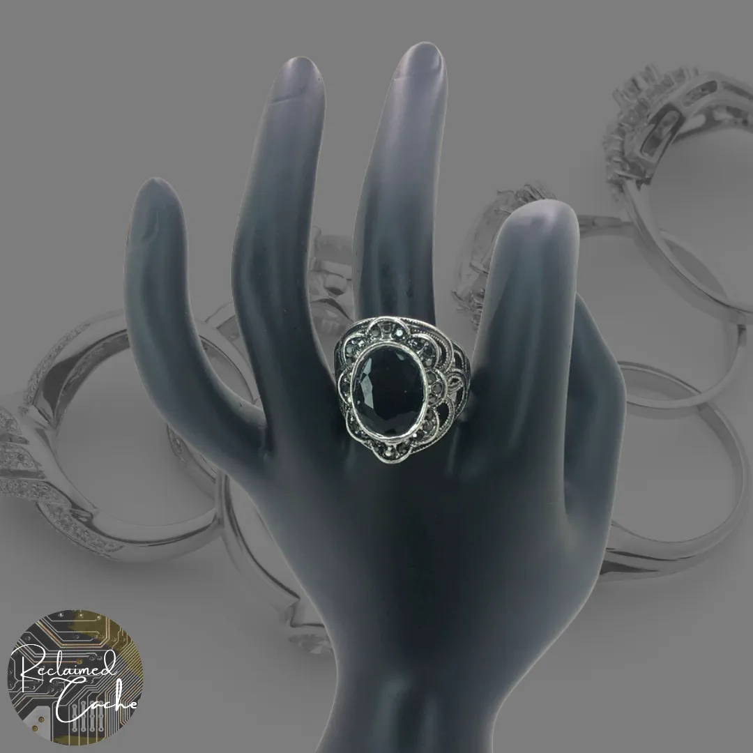 Silver and Black Rhinestone Statement Ring - Size 10