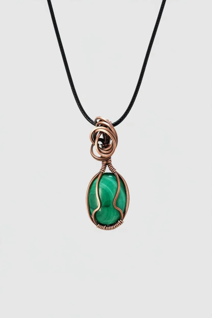 Copper Wire Wrapped Malachite Pendant Necklace