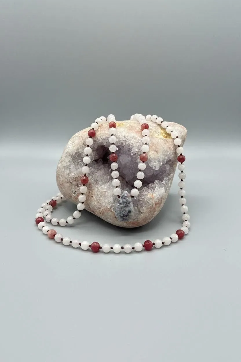 Self-Compassion Mala: 108 Bead Rose Quartz & Raspberry Jade Mala with Lepidolite Guru Bead