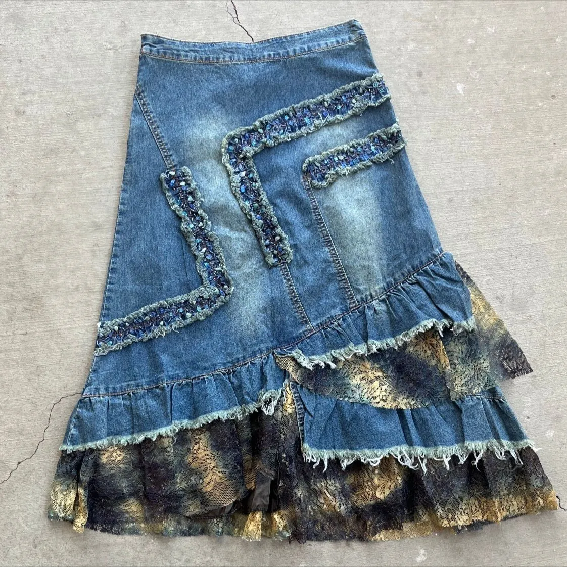 Product image for 1-S• blue pebble beaded layered lace boho skirt
