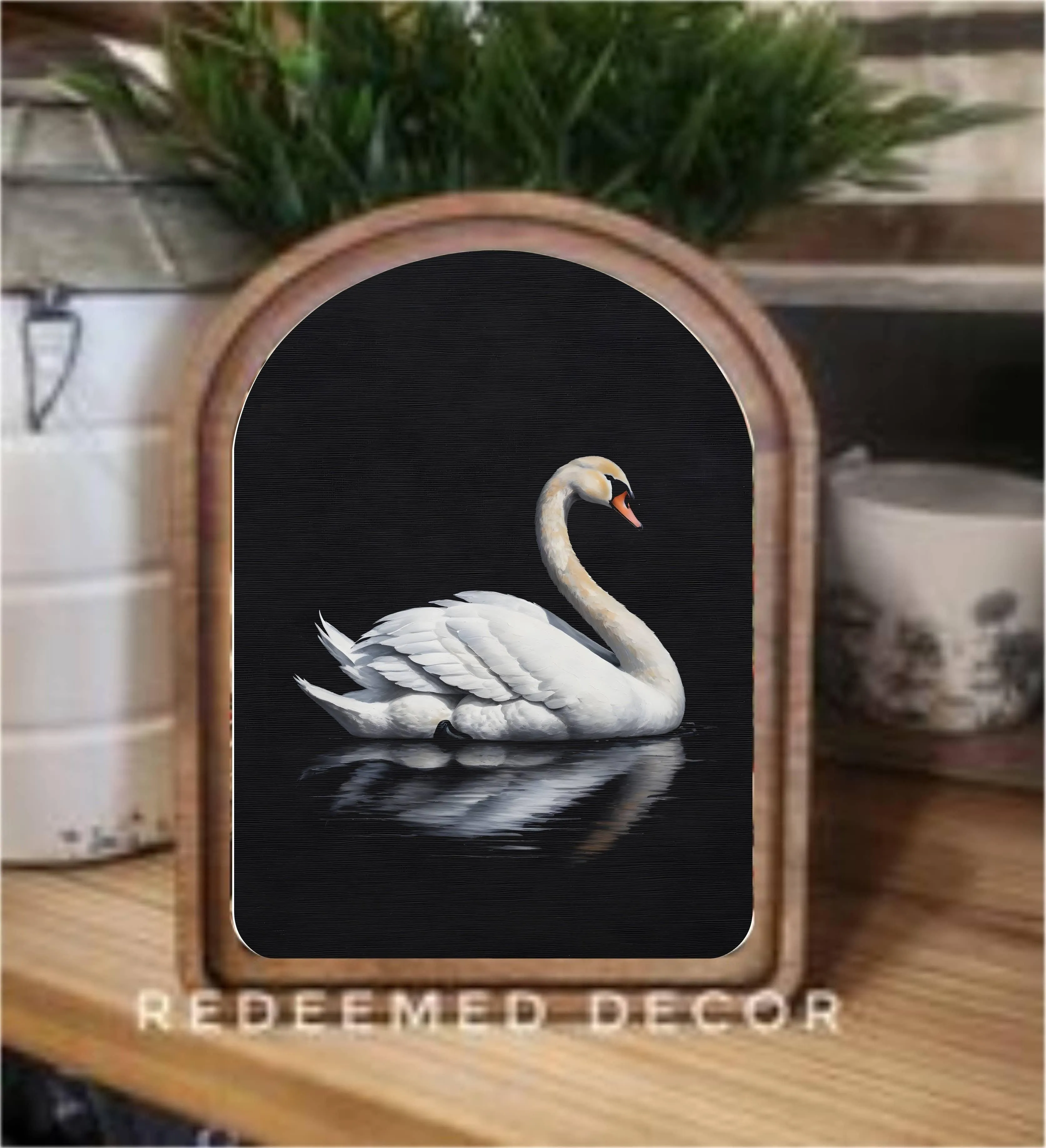 6 x 8 Arch Top Swan Framed Art