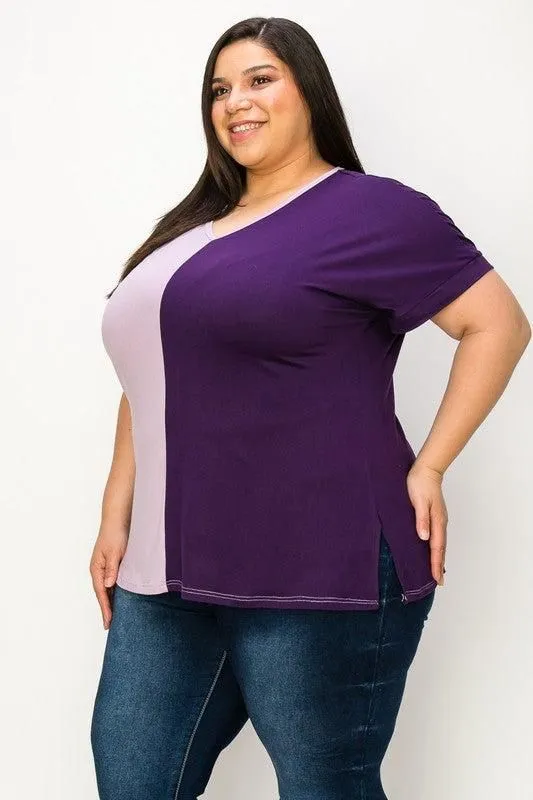 V-neck two-tone tunic top