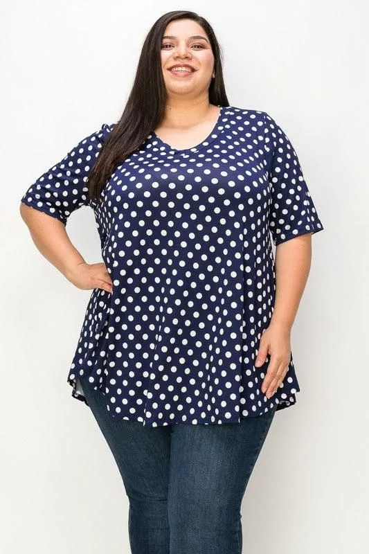 Navy Polka Dot V-neck Short Sleeves Tunic