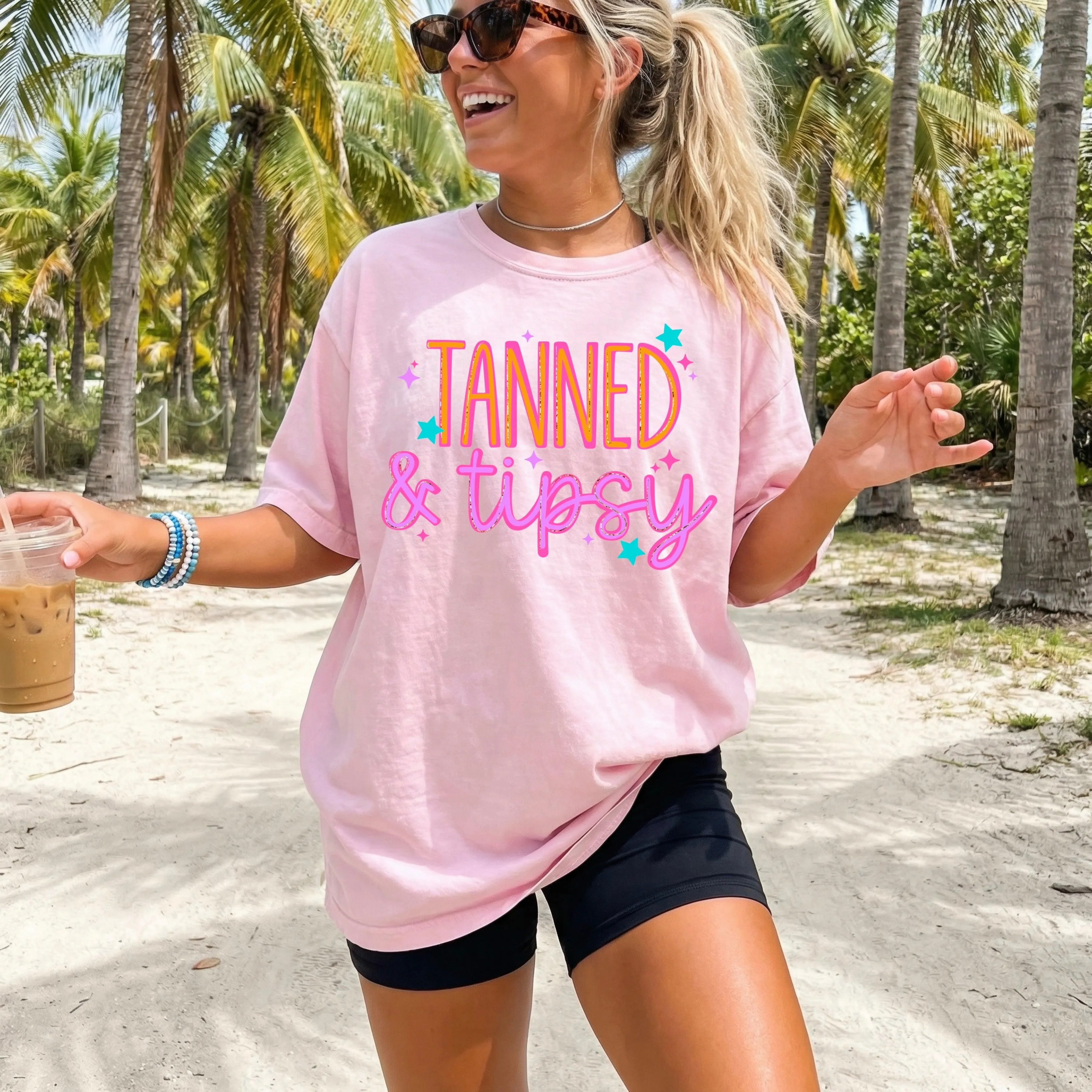 ☀️ Tanned & Tipsy Beach Graphic Tee | Funny Summer Vacation Shirt | Girls Trip Drinking Tee | Tropical Pink Beach Outfit | Trendy Summer Top 🍹🌴