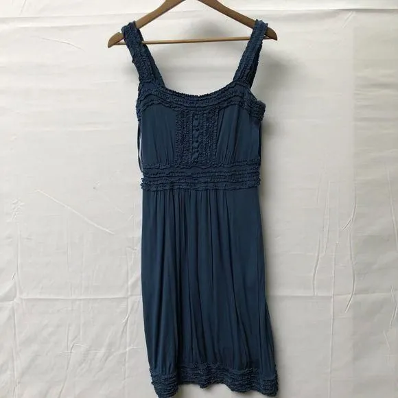 Product image for BCBGMAXAZRIA Blue Ruffle Romantic Ruched Shoulder Smocked Rayon Blend Dress S