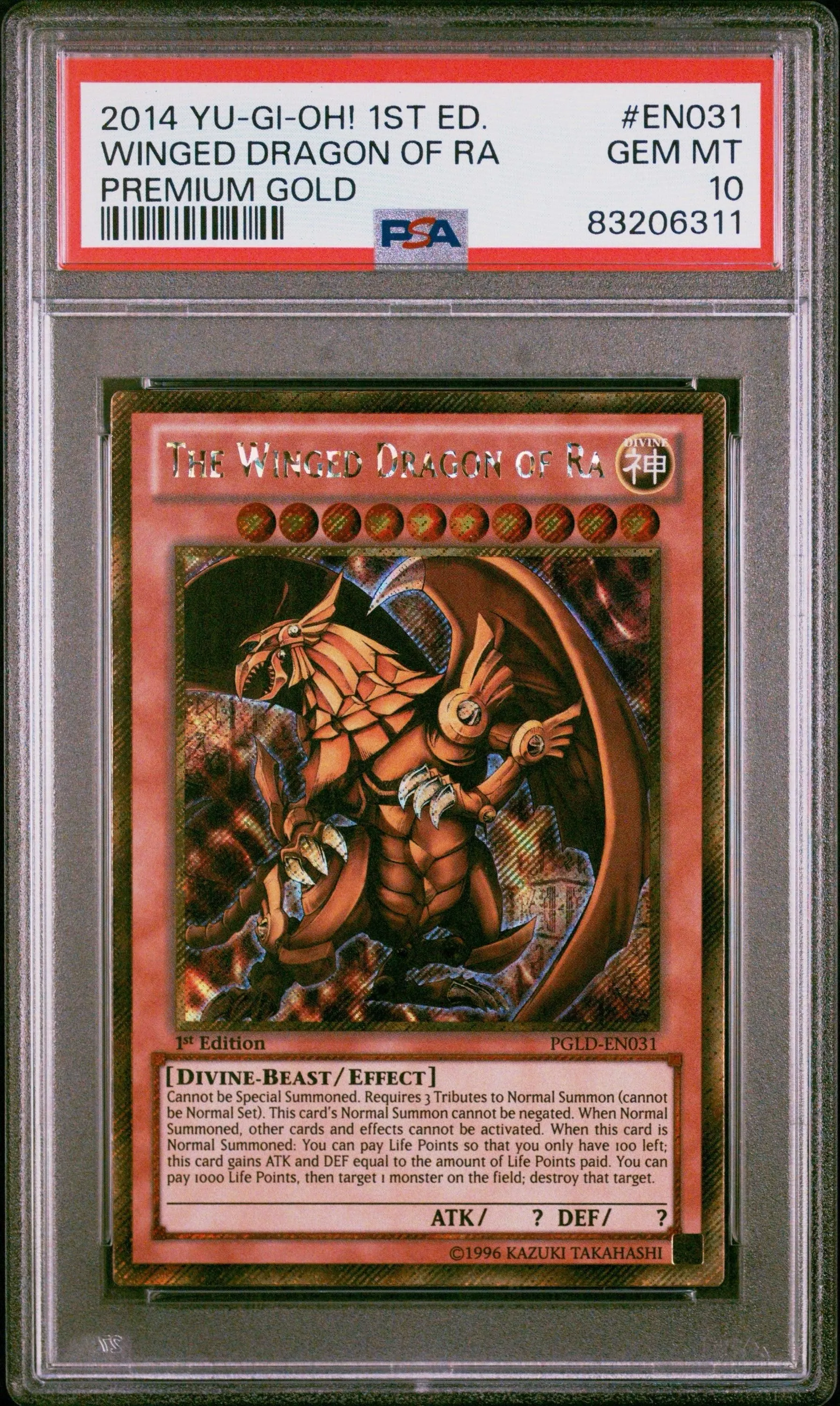 PSA 10 2014 YU-GI-OH! PREMIUM GOLD #EN031 THE WINGED DRAGON OF RA - 1ST EDITION