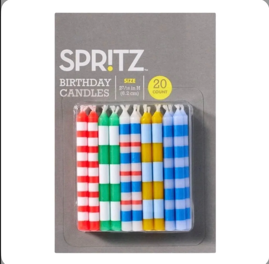 Spritz 20 Count Striped Multicolor Birthday Candles, 2-7/16"H