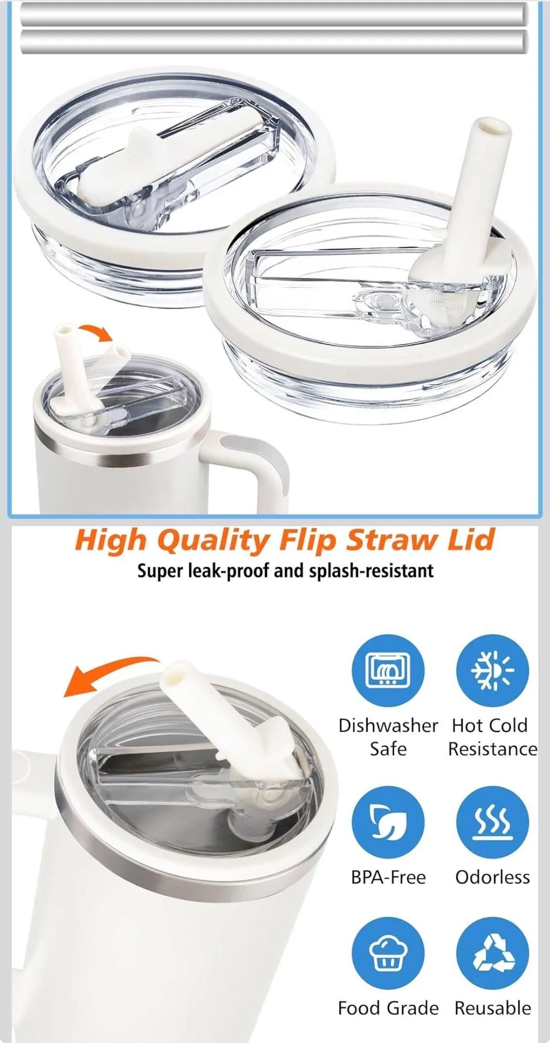 40 oz Tumbler Flip Straw Lid for Stanley Cup Accessories, 2 Pack Leak Proof Stanley Lid Replacement 40 oz for Stanley Quencher
