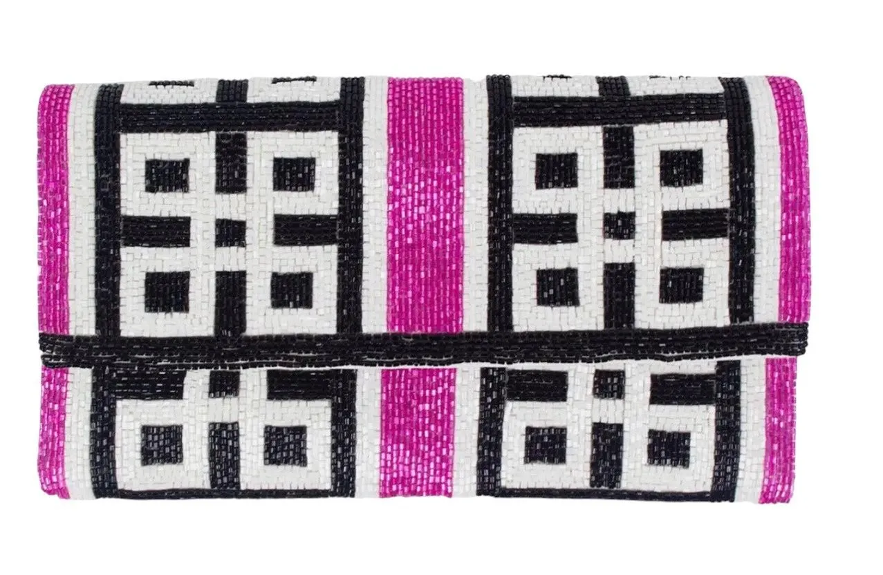 Black White Pink Geometric Beaded Clutch