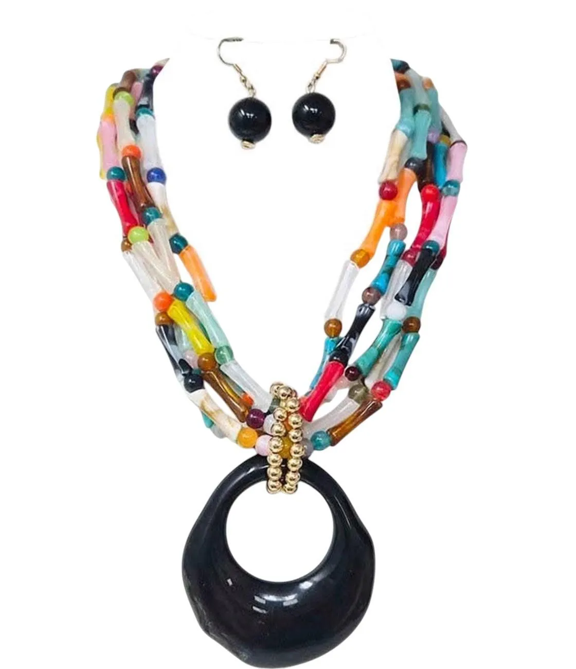 Bold Resin Ring Pendant Accent Multi Beaded Statement Necklace