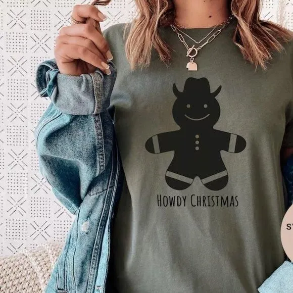 Product image for Howdy Christmas Gingerbread Man NEW green short sleeve shirt