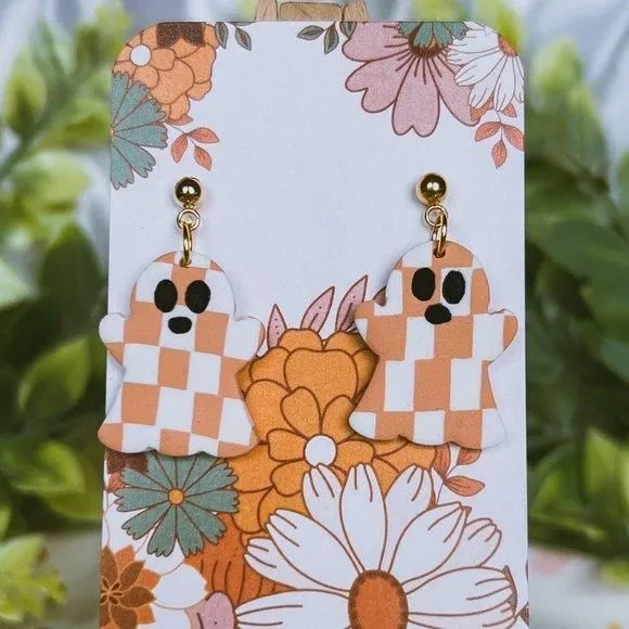 Product image for Orange And White Checker Spooky Ghost Handmade Polymer Clay Earrings