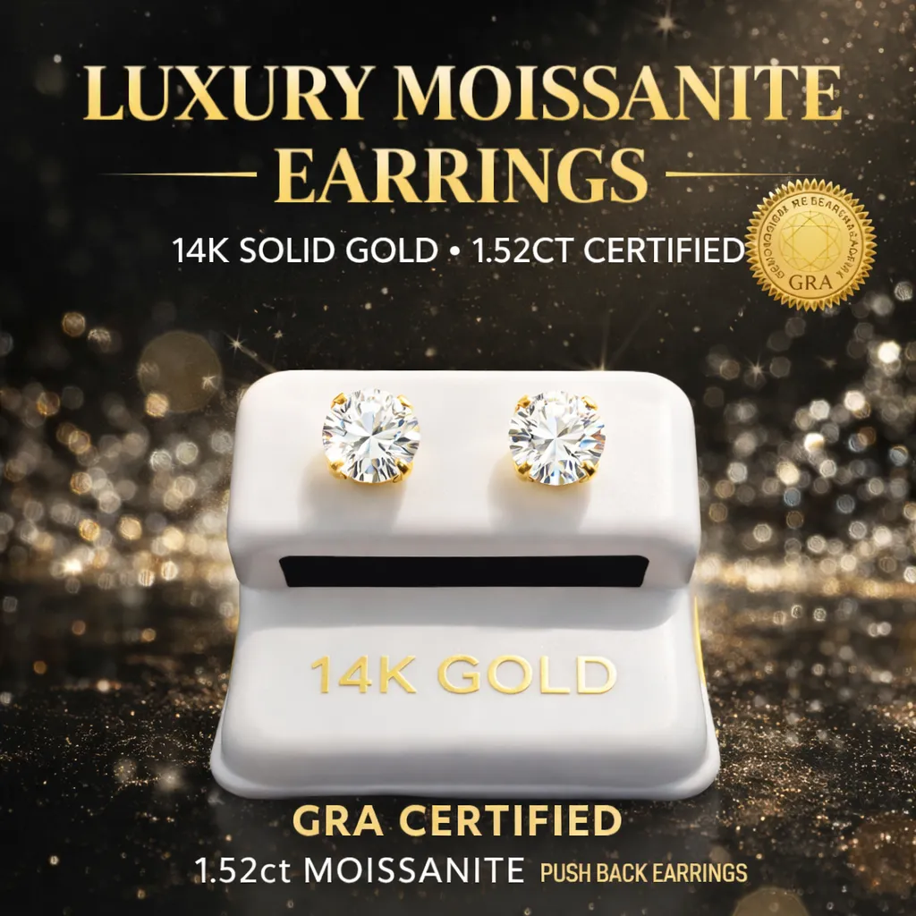 1.52 ct Round Moissanite Stud Earrings 14k Solid Gold