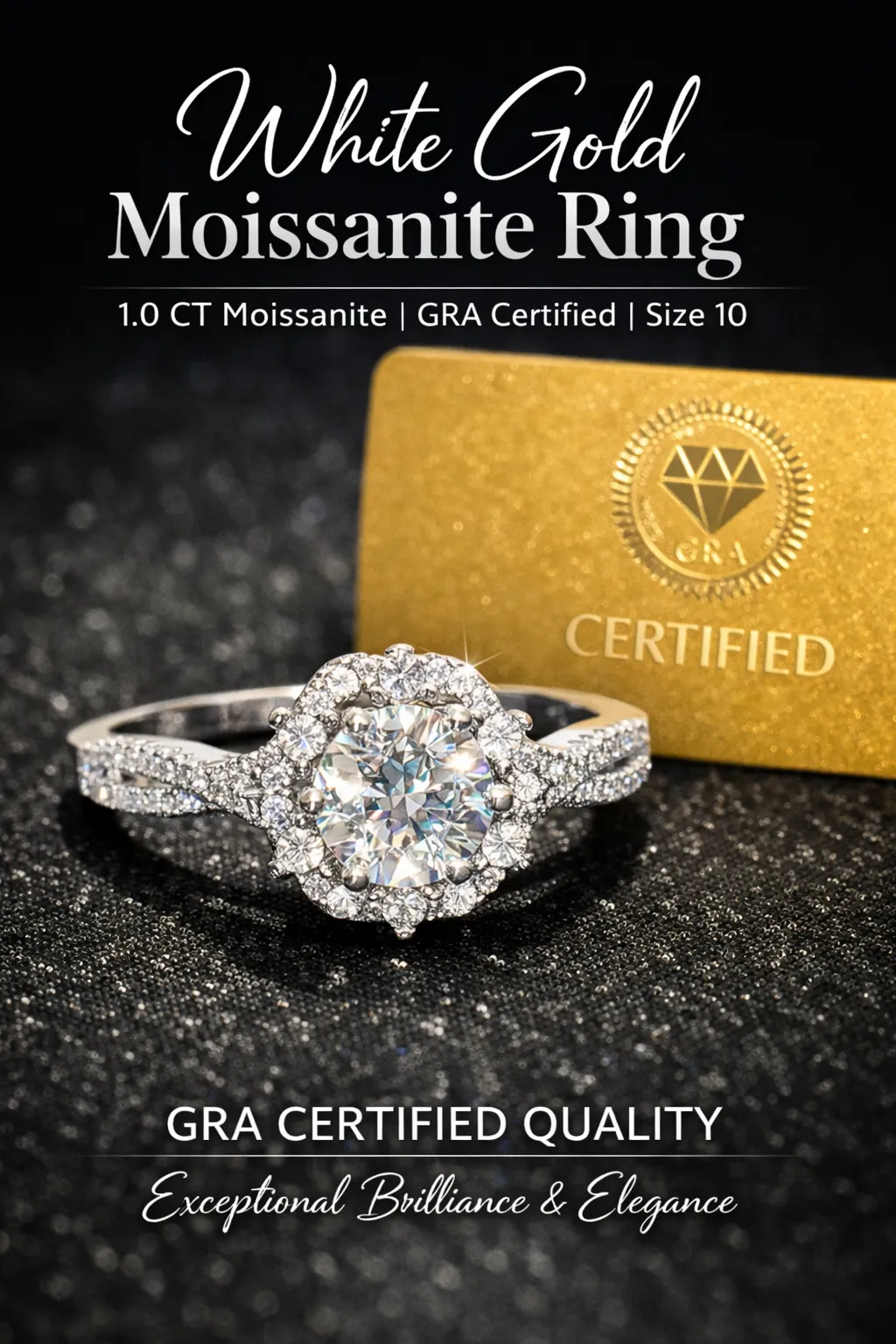 1 ct GRA Certified Round Moissanite Engagement Ring Size 10 18k White Gold Plated Sterling Silver
