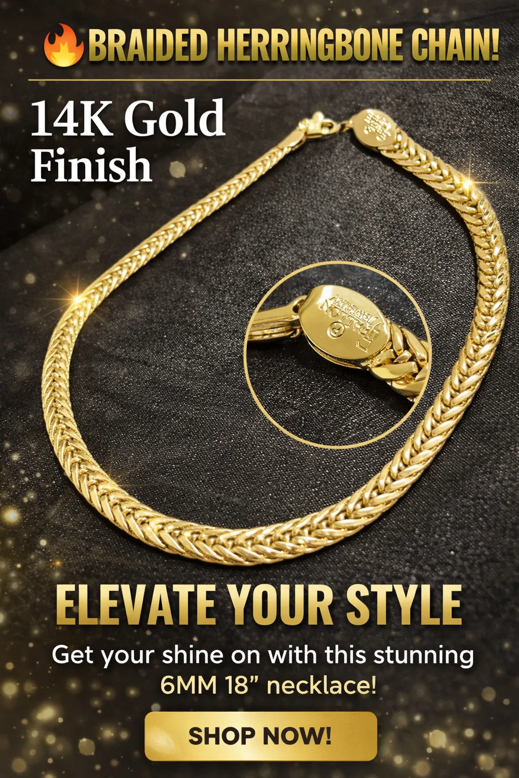 18" Braided Herringbone Chain 14k Gold Finish