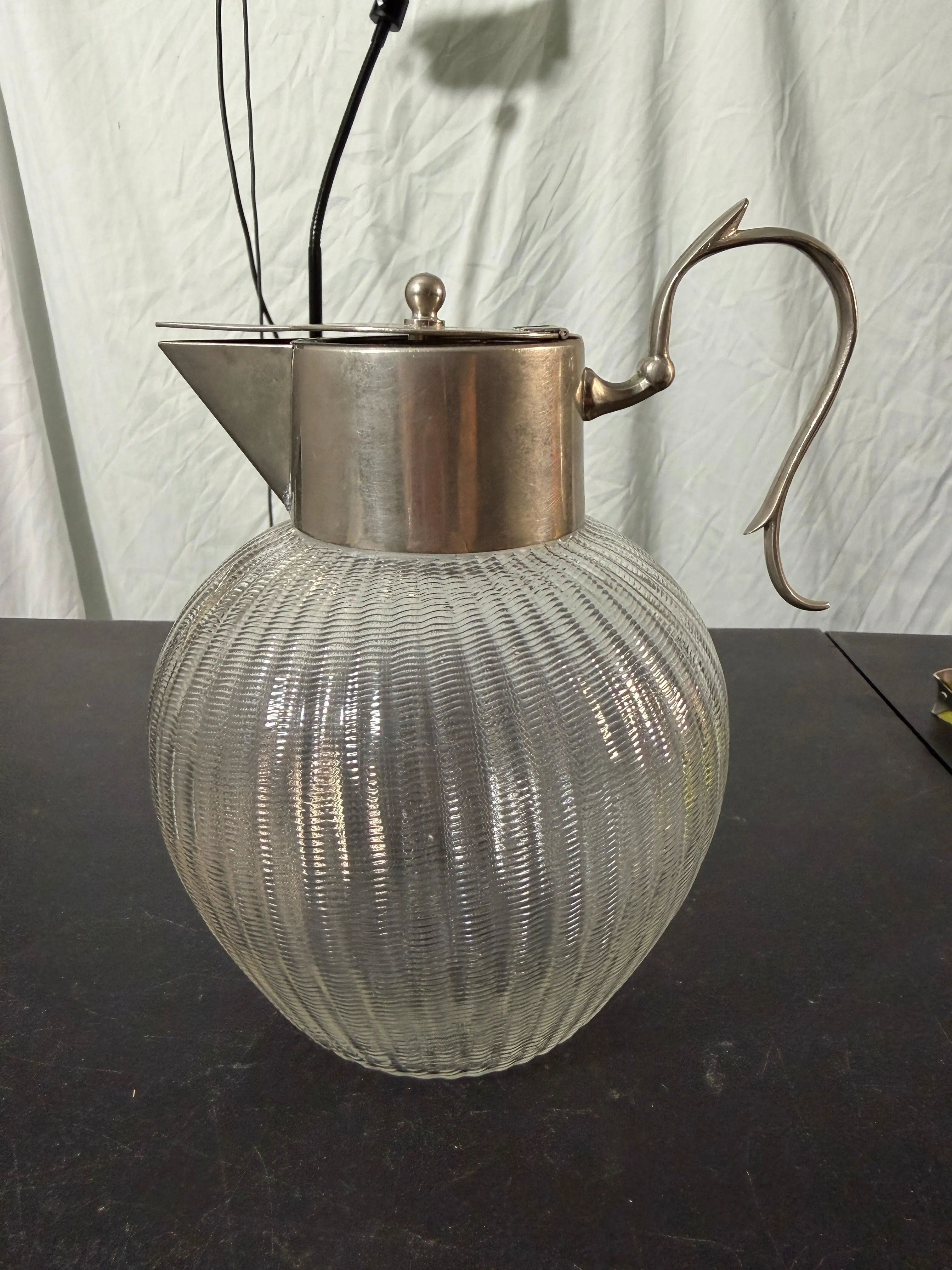 Glass Pitcher with Silver Lid - Ribbed Design